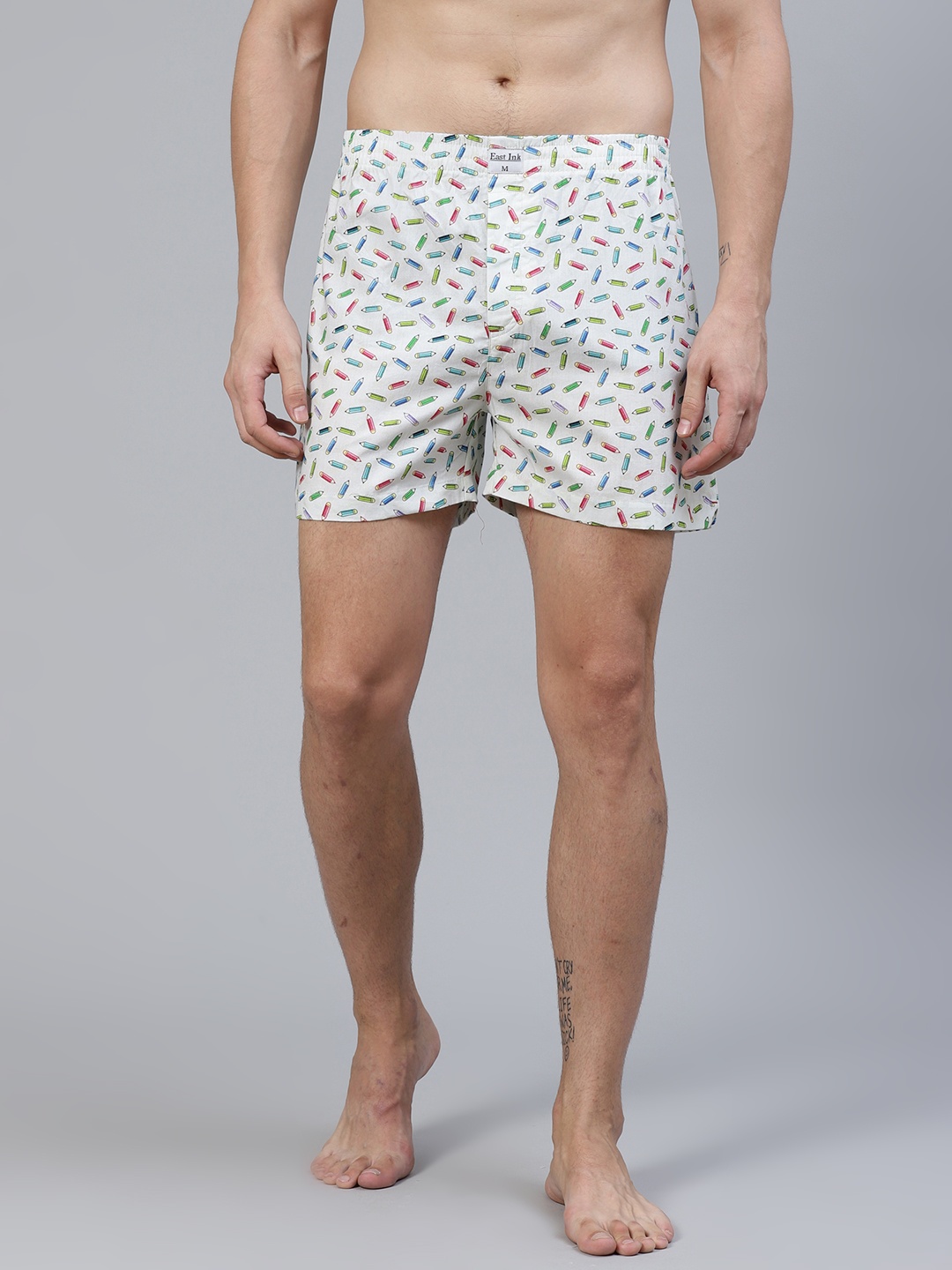 

East Ink Men Off-White & Green Quirky Print Pure Cotton Boxers EIBXCO036