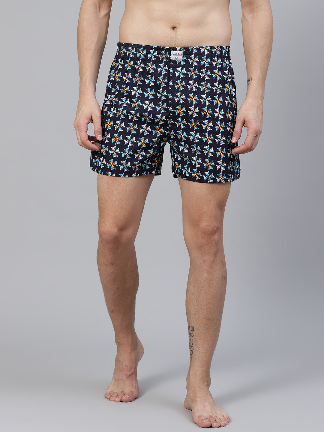 

East Ink Men Navy & Off White Printed Pure Cotton Boxers EIBXCO030, Navy blue