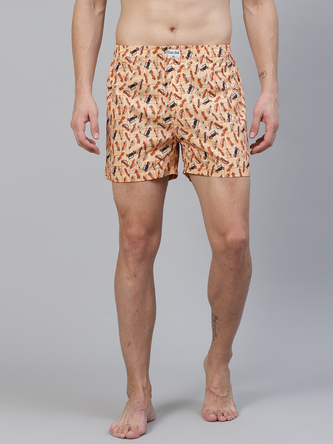 

East Ink Men Peach-Coloured and White Car Print Pure Cotton Boxers EIBXCO075