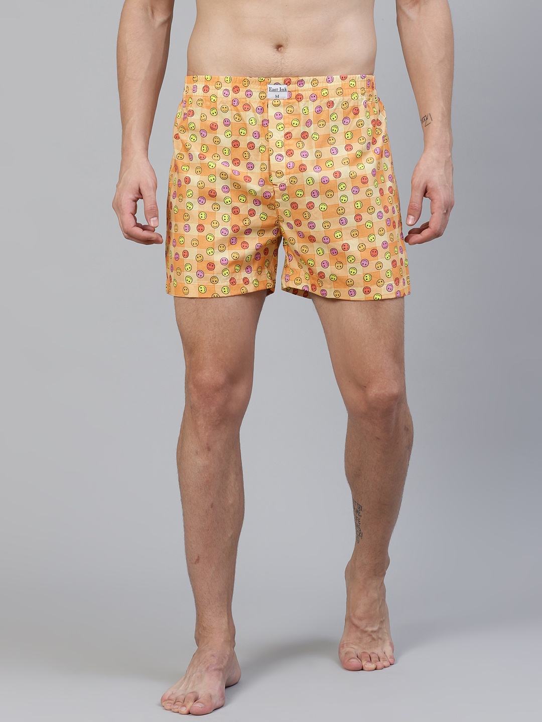 

East Ink Men Peach-Coloured & Yellow Smiley Print Pure Cotton Boxers EIBXCO072