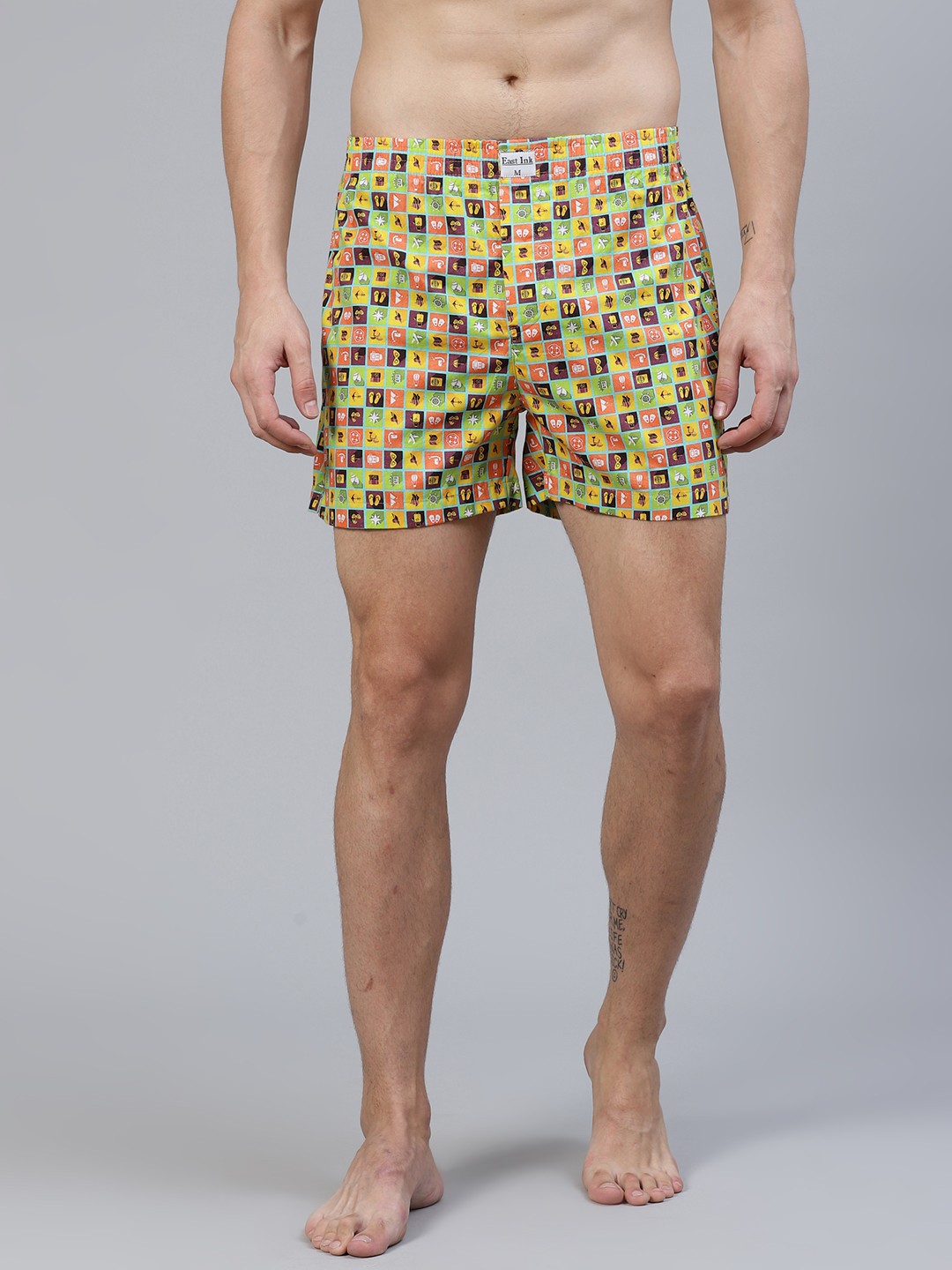 East Ink Men Green & Orange Quirky Print Pure Cotton Boxers EIBXCO076