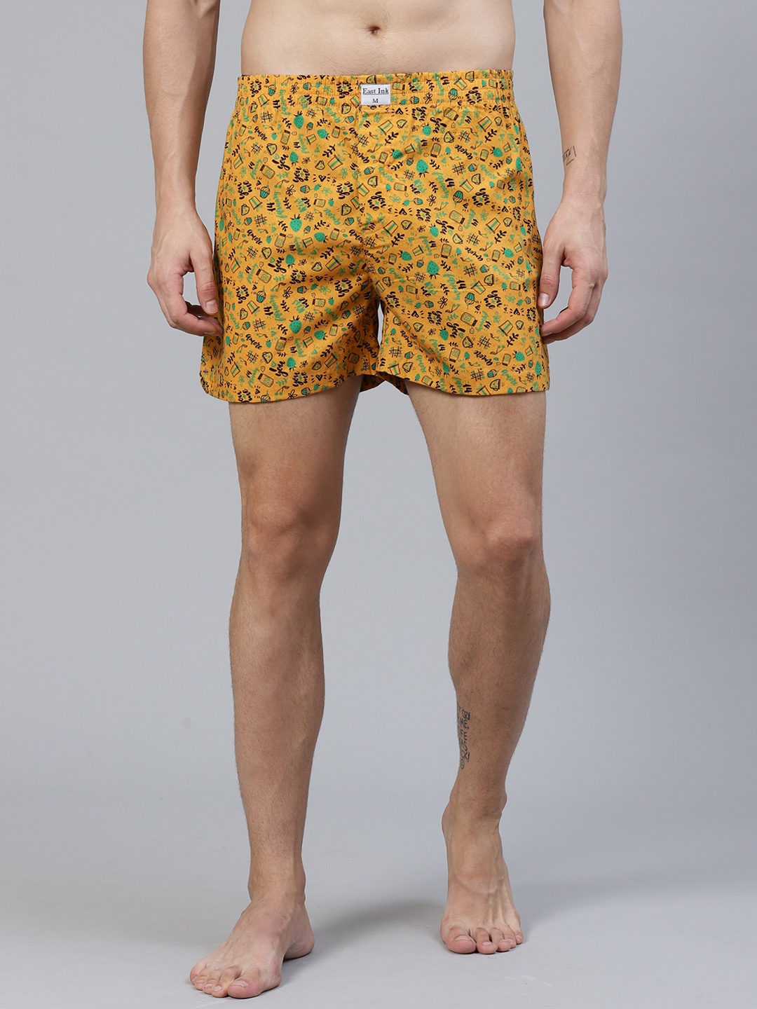 

East Ink Men Mustard Yellow & Green Quirky Print Pure Cotton Boxers EIBXCO027