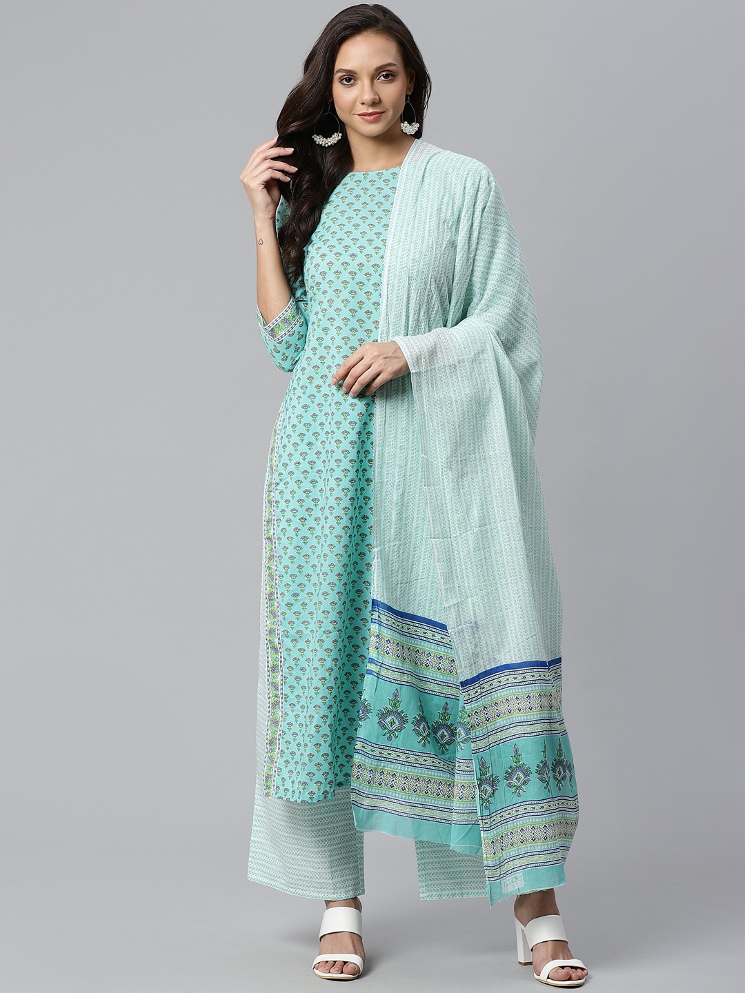 

Indo Era Women Sea Green & White Block Print Kurta with Palazzos & Dupatta