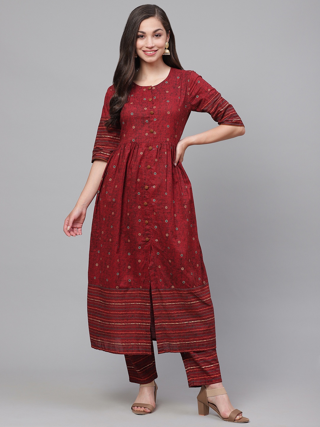 

Indo Era Women Maroon & Black Foil Print Kurta with Trousers