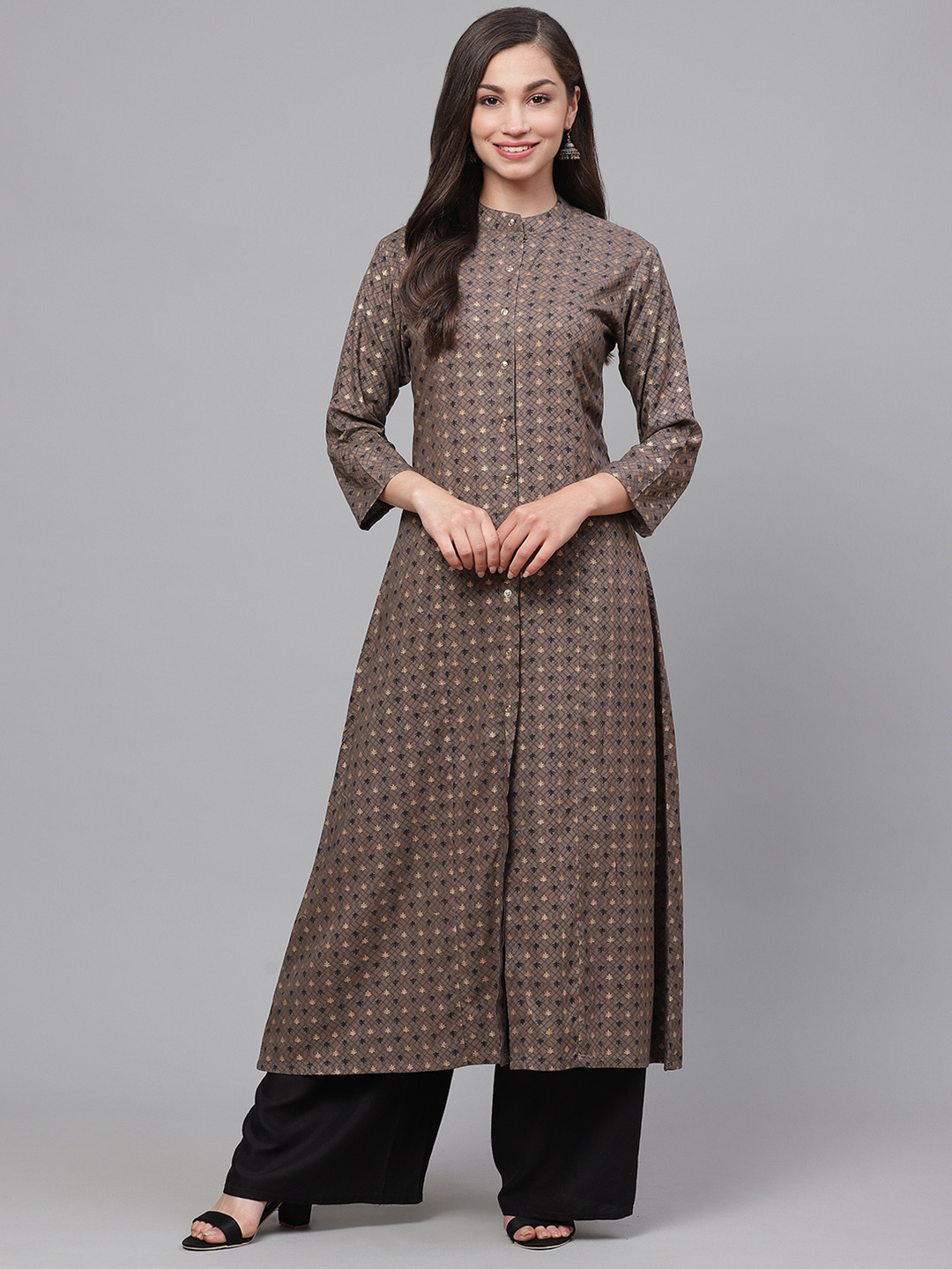 

Indo Era Women Charcoal Grey & Golden Foil Printed A-Line Kurta