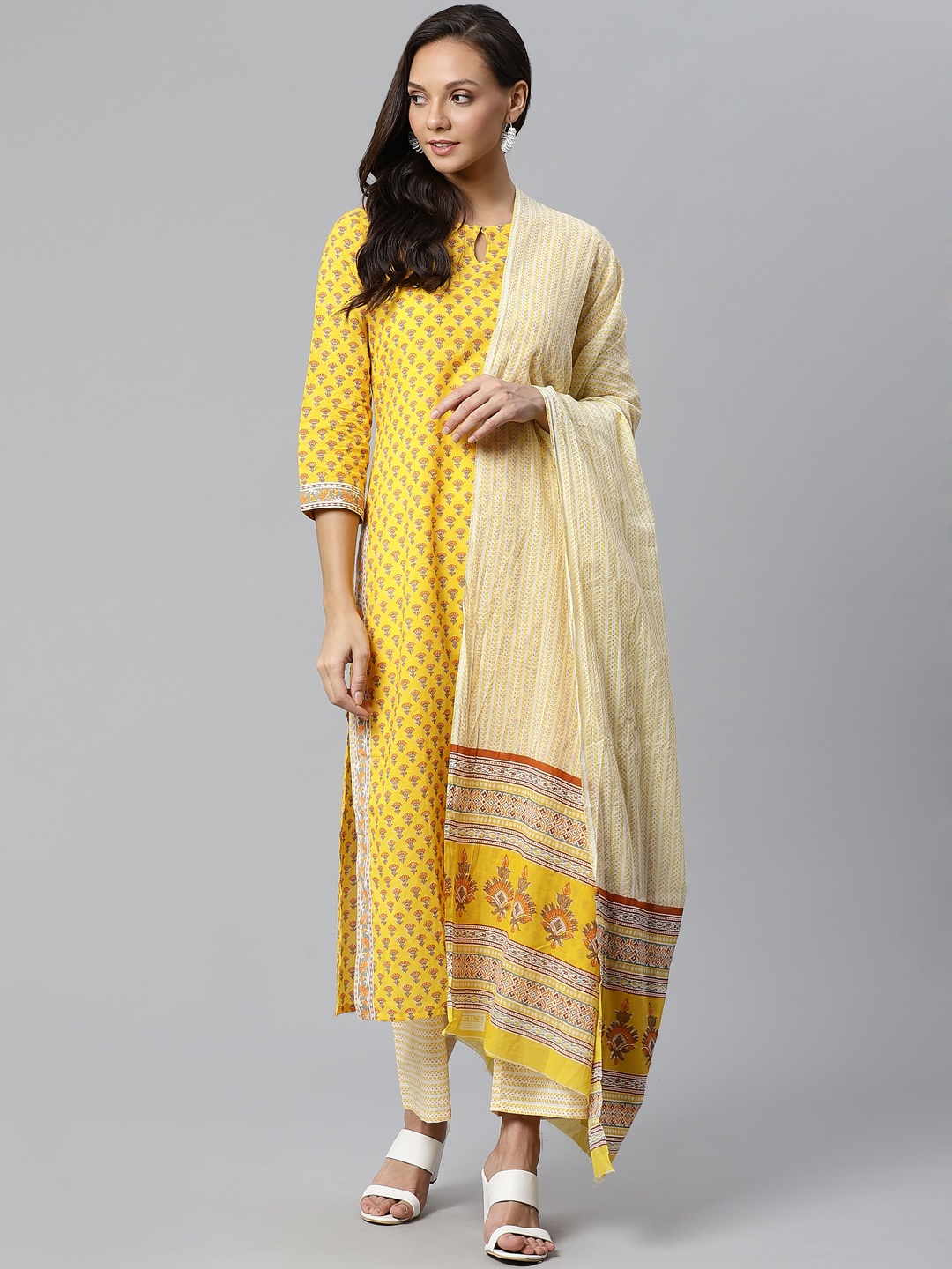 

Indo Era Women Mustard Yellow & Beige Block Print Kurta with Palazzos & Dupatta