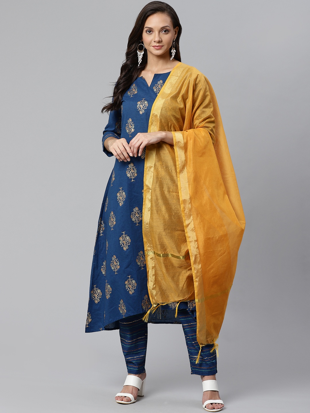 

Indo Era Women Blue & Golden Foil Print Kurta with Trousers