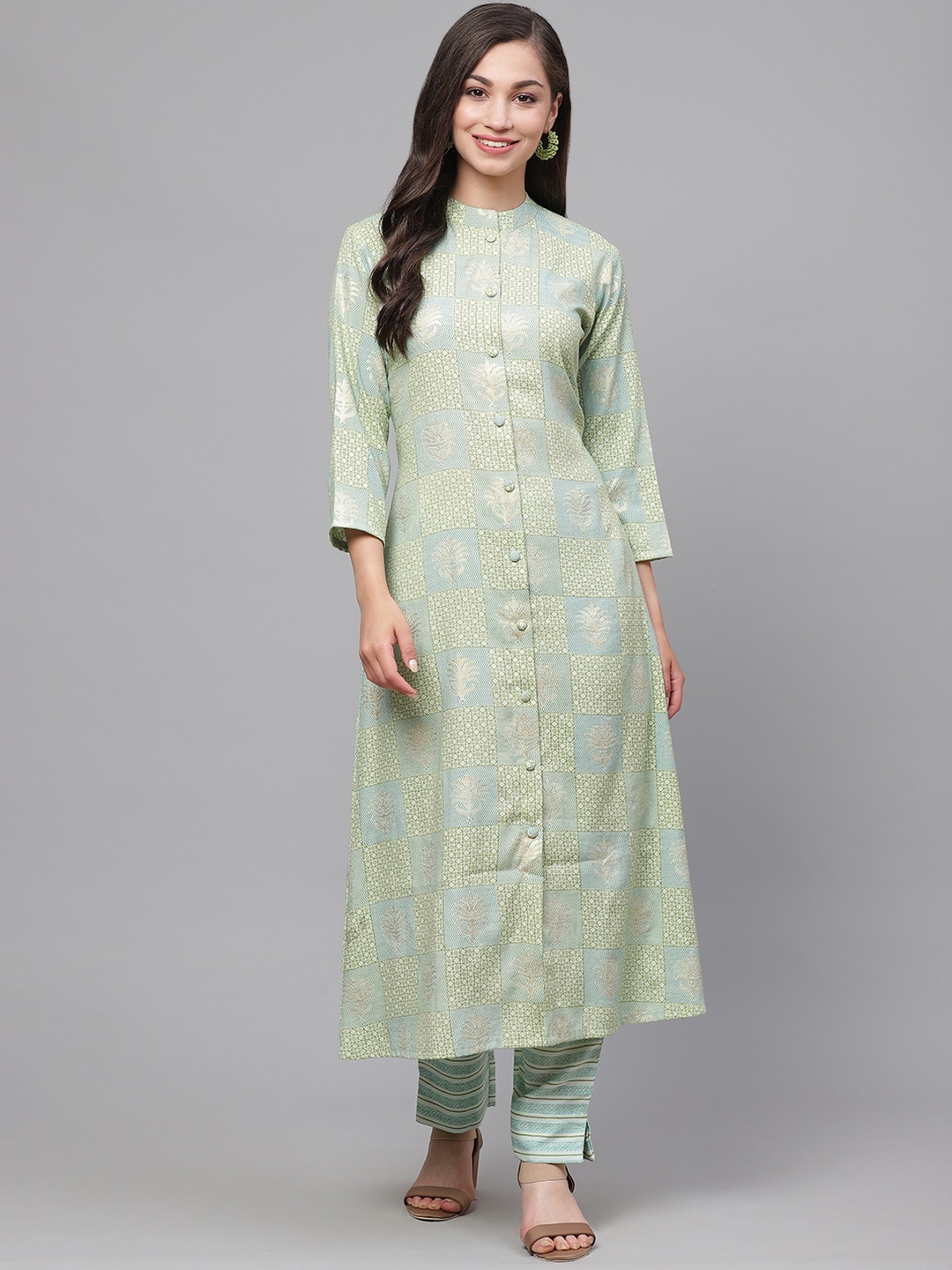 

Indo Era Women Green & Blue Foil Printed Kurta with Trousers