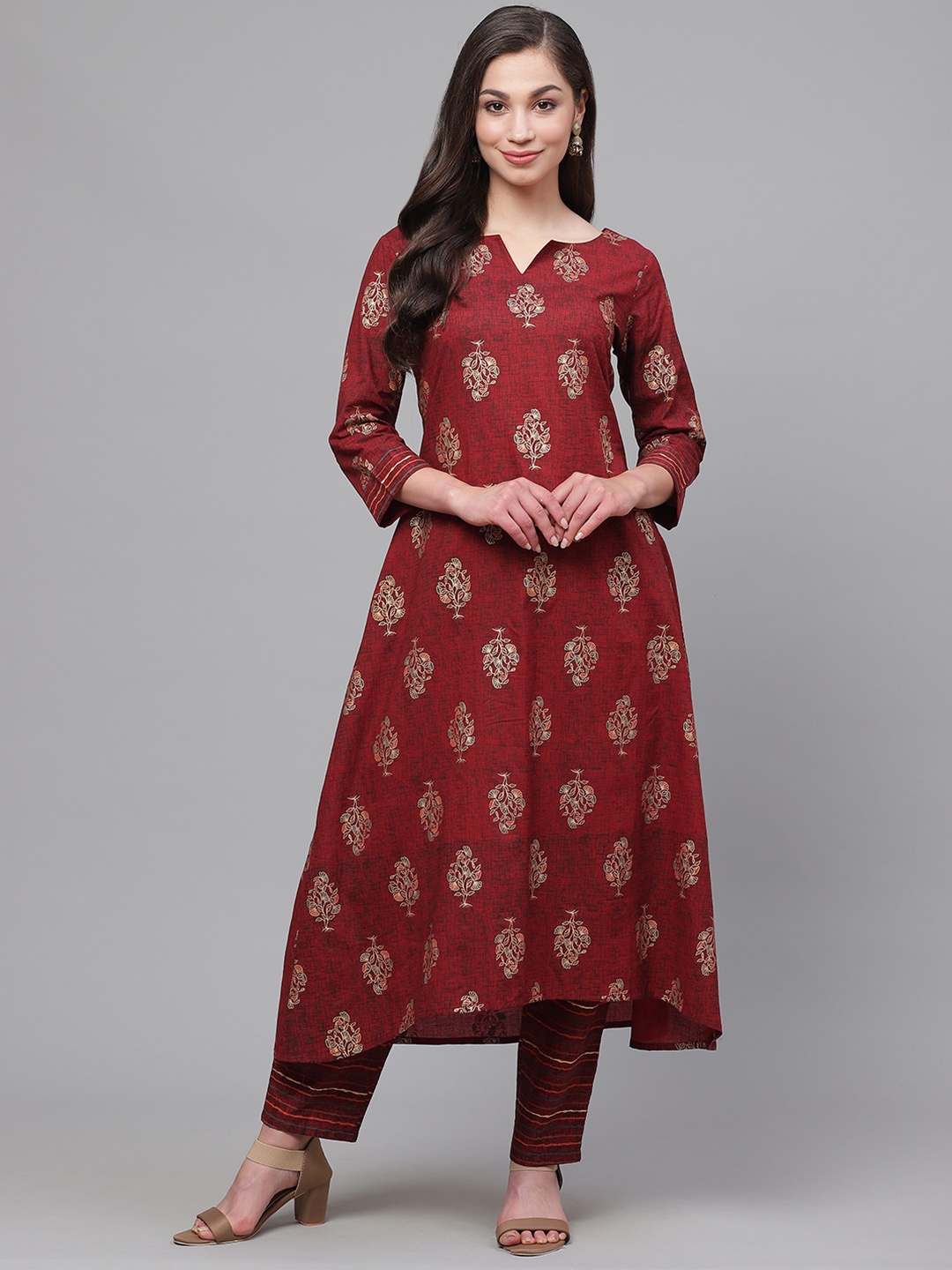 

Indo Era Women Maroon & Golden Foil Printed Kurta with Trousers