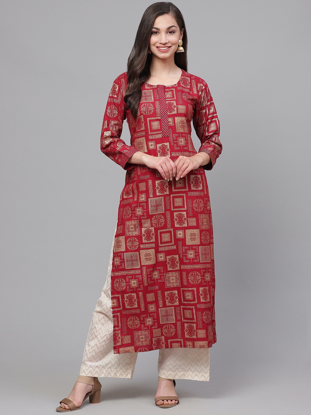 

Indo Era Women Maroon & Golden Foil Printed Straight Kurta