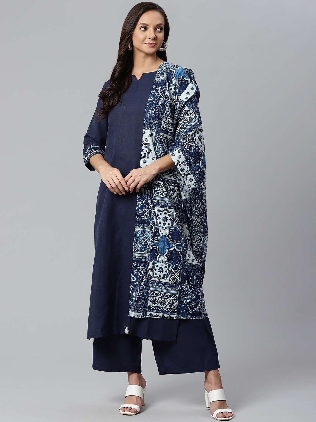

Indo Era Women Navy Blue Solid Kurta with Palazzos & Dupatta