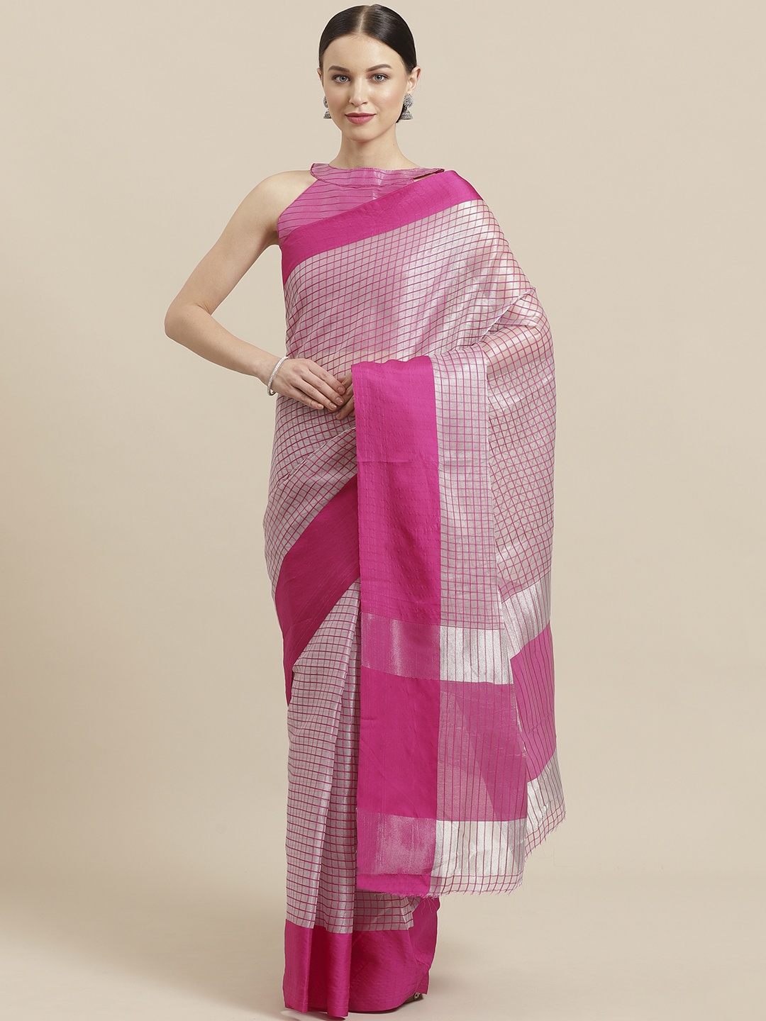 

Saree mall Pink & Silver Zari Checked Saree