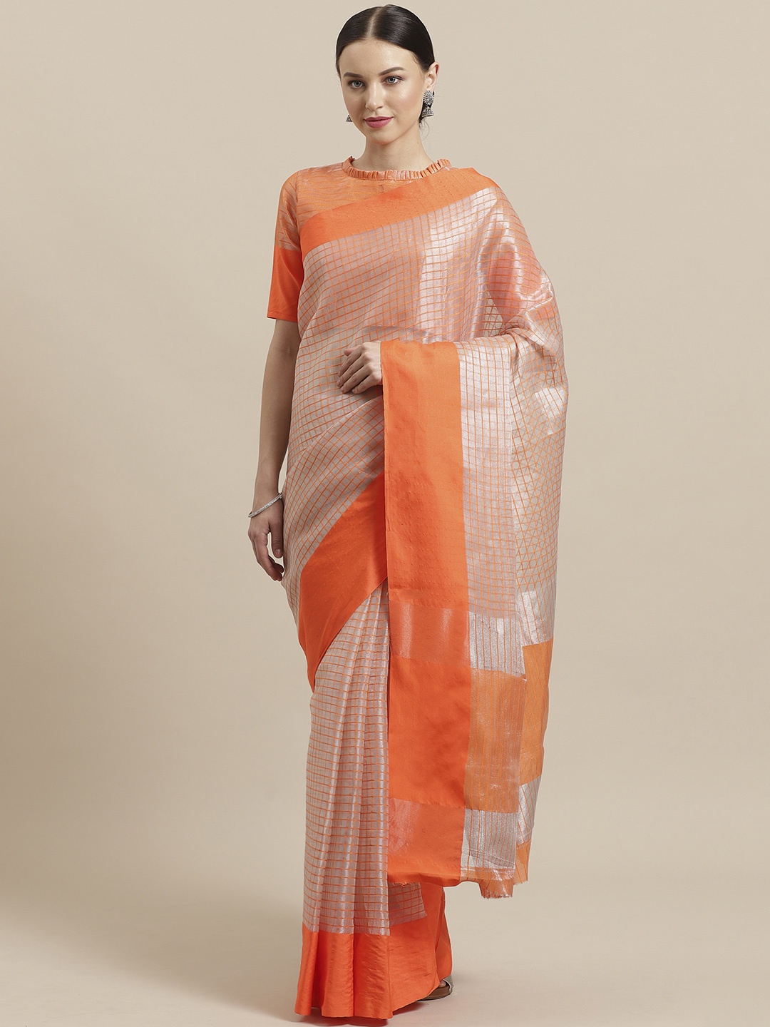 

Saree mall Silver & Orange Zari Checked Saree