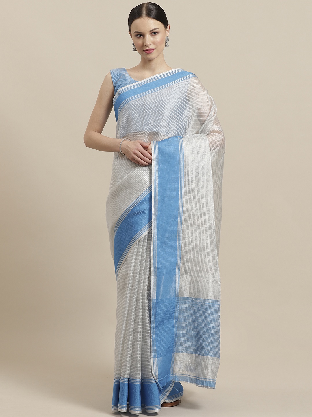 

Saree mall Silver Zari Self-Checked Saree