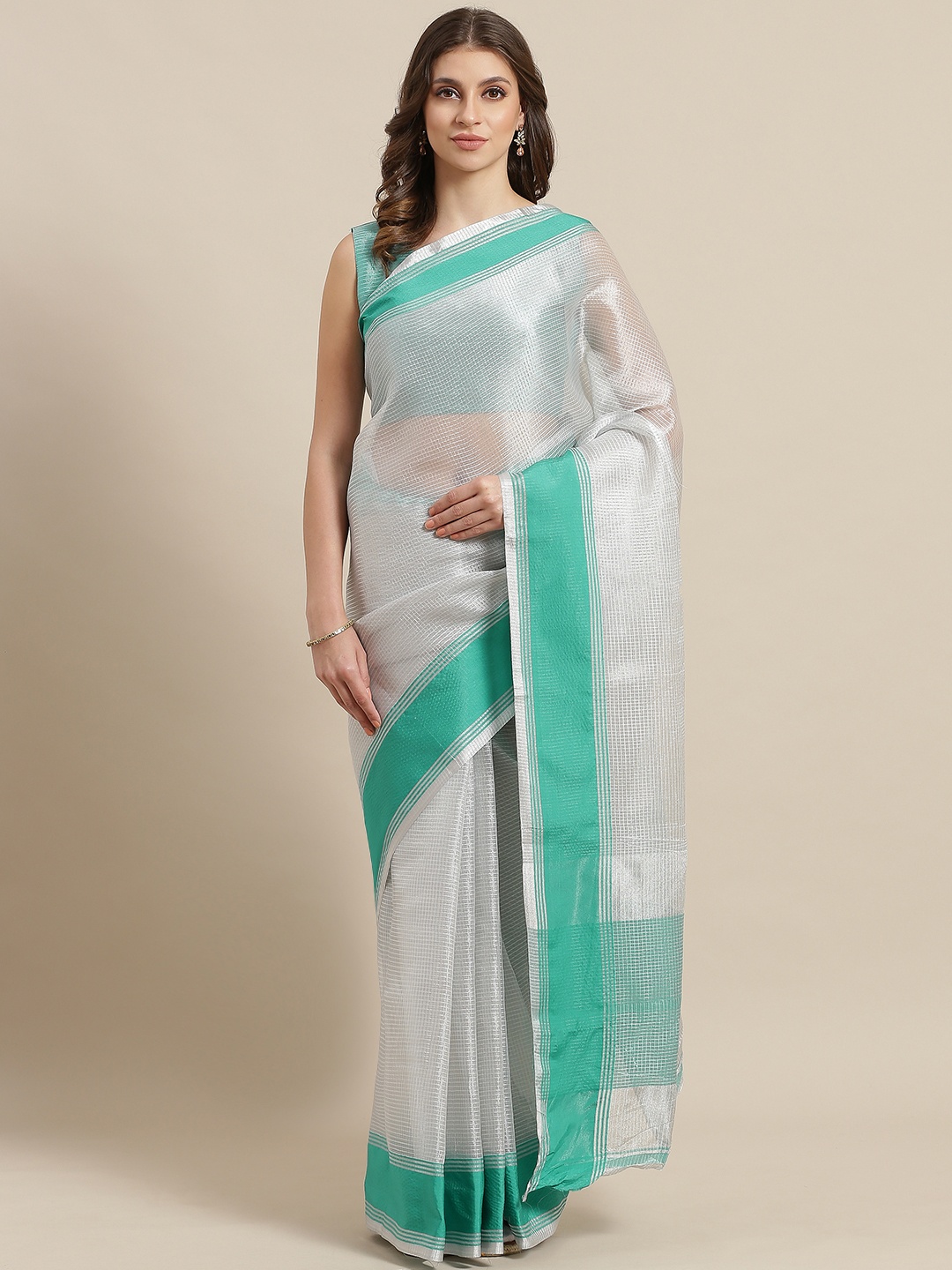

Saree mall Silver & Teal Blue Zari Work Checked Saree