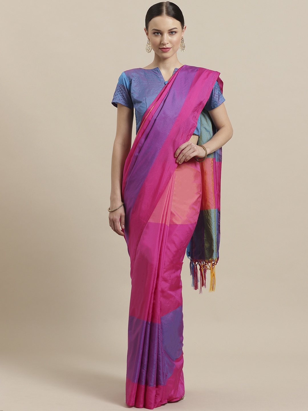 

Saree mall Pink & Purple Dual-Toned Colourblocked Mangalagiri Saree