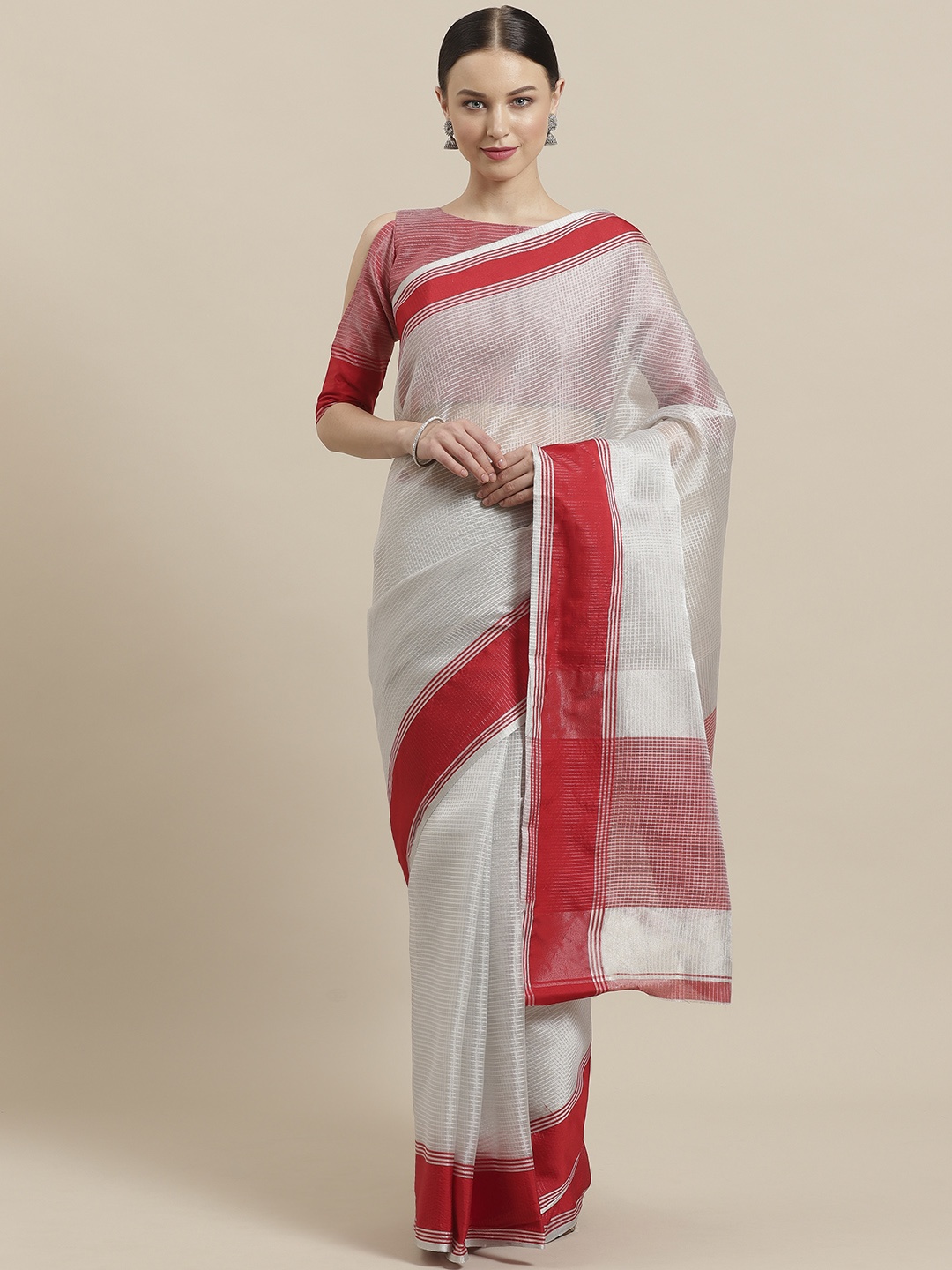 

Saree mall Silver & Red Zari Self-Checked Saree