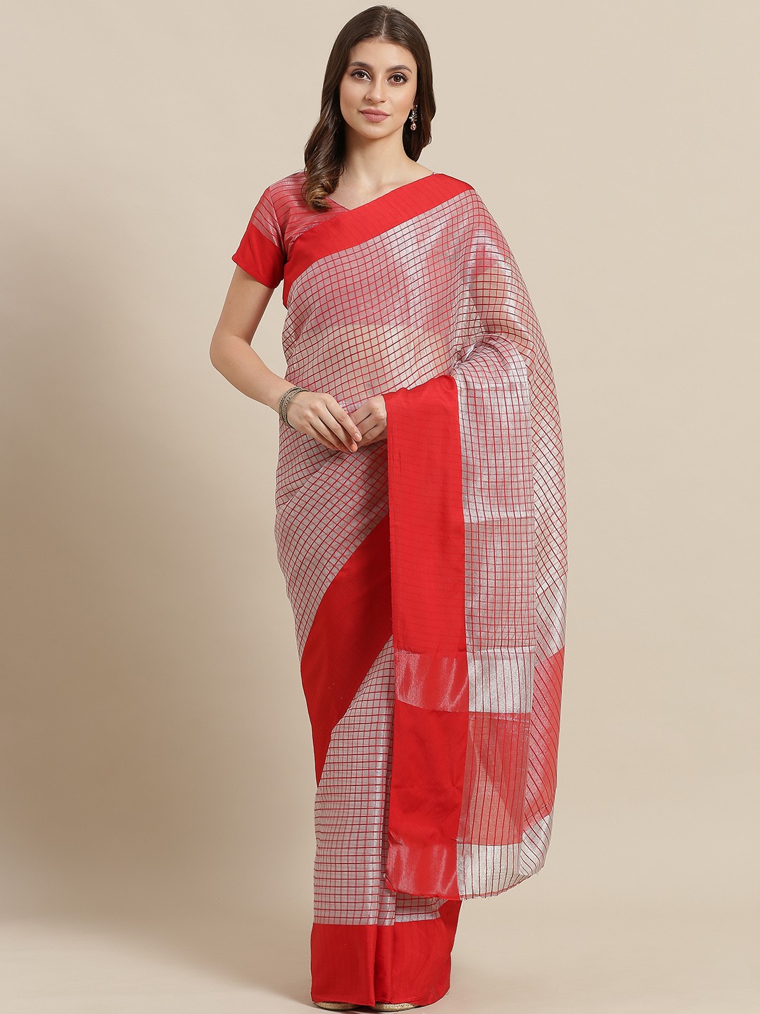 

Saree mall Silver & Red Zari Checked Saree