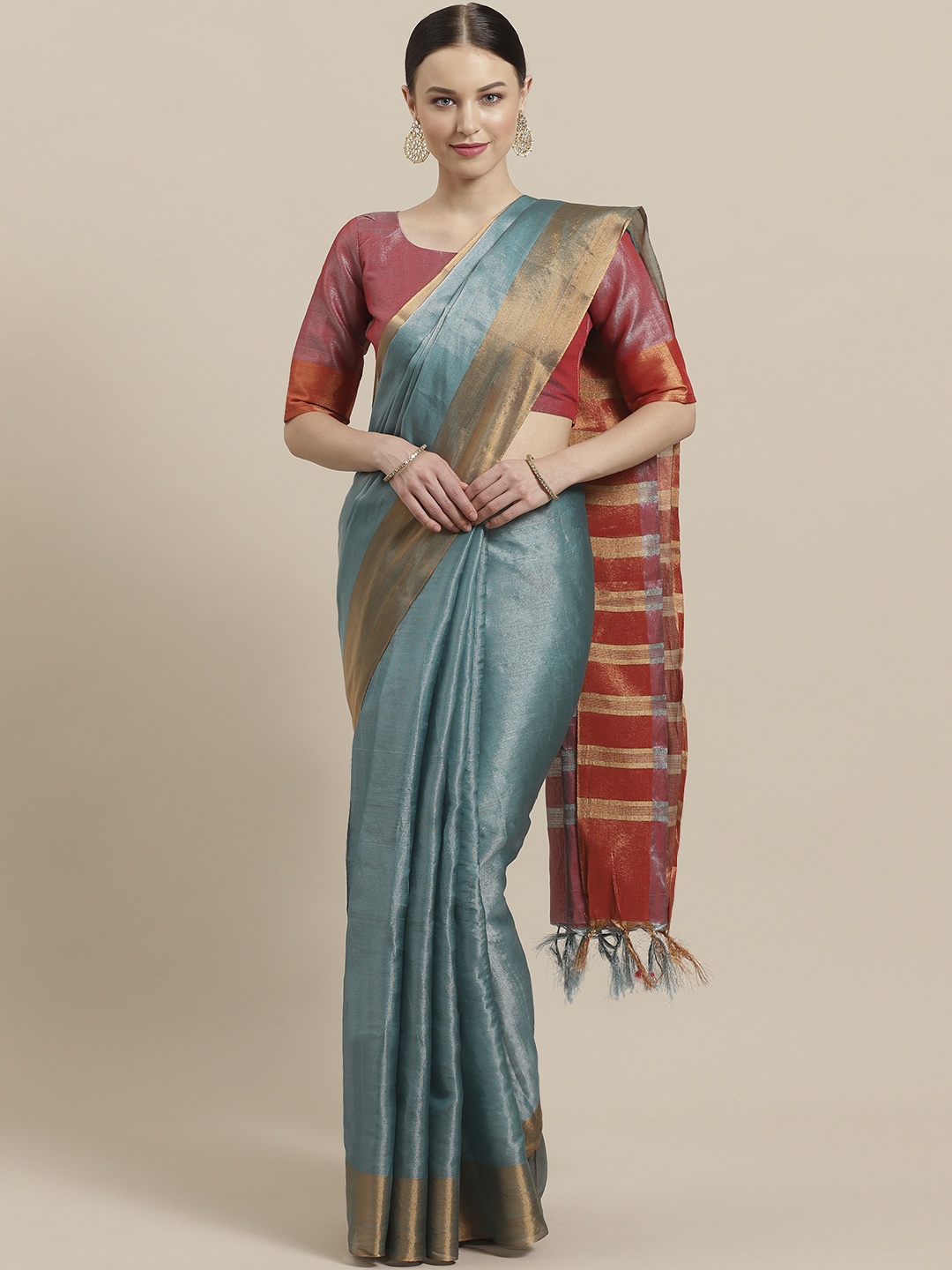 

Saree mall Teal Blue Solid Zari Work Saree