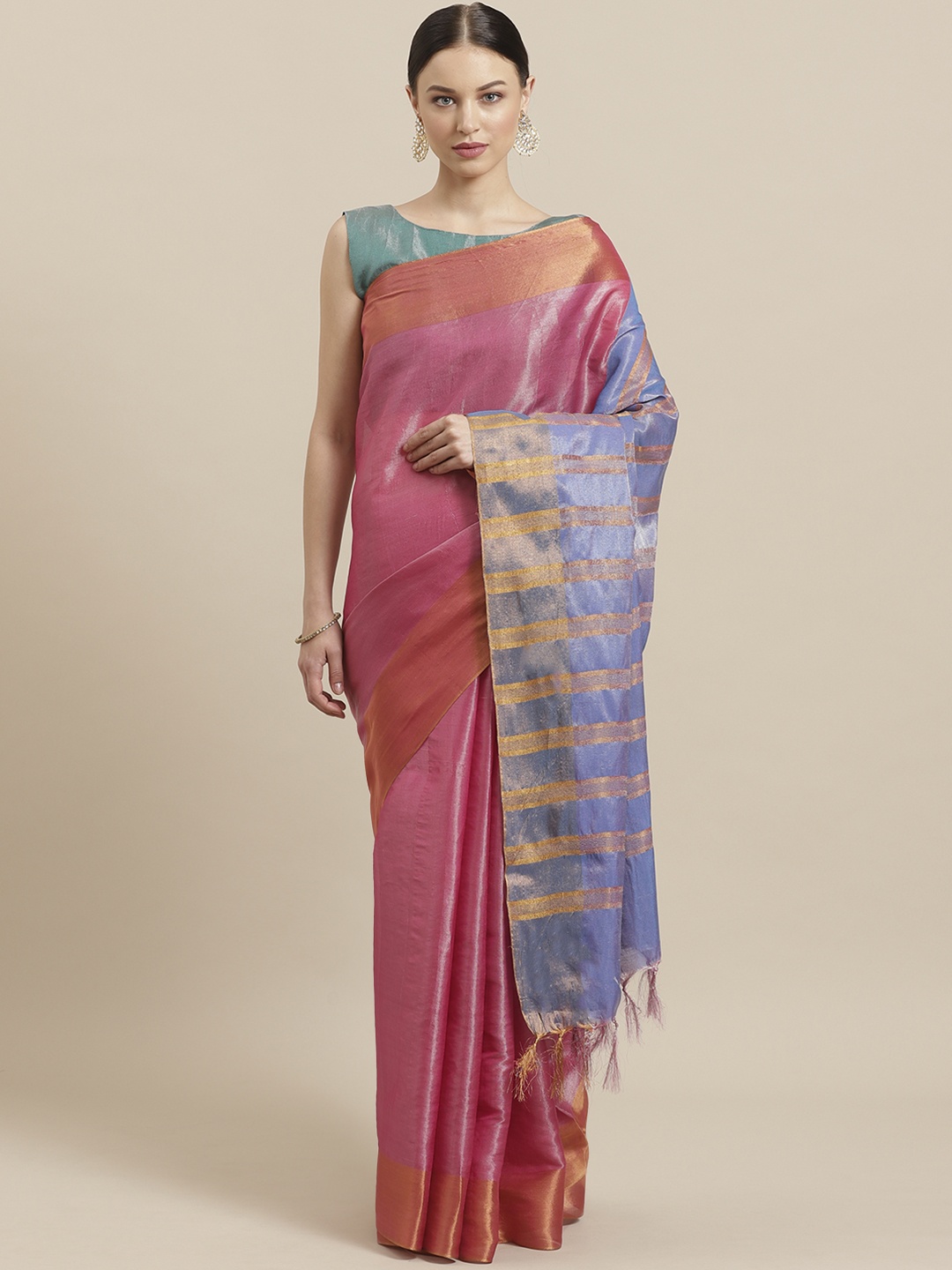 

Saree mall Pink Solid Zari Work Saree