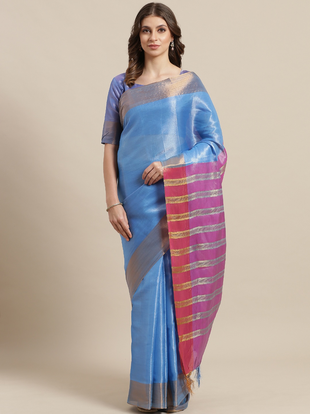 

Saree mall Blue Zari-Work Solid Saree