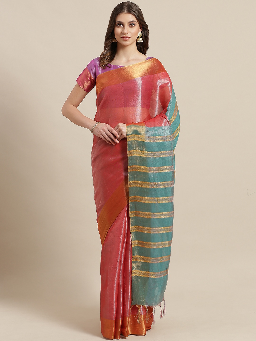 

Saree mall Rust Red Zari Work Solid Saree