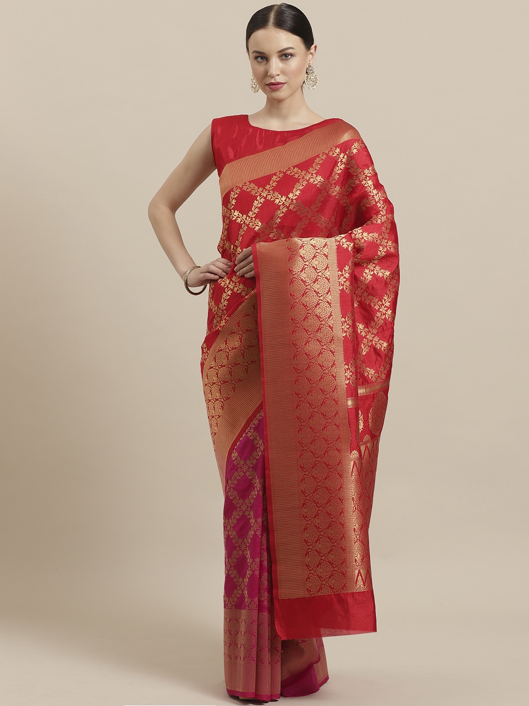 

Saree mall Red & Golden Zari Woven Design Banarasi Saree