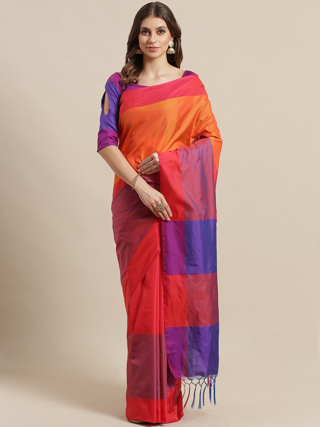 

Saree mall Orange & Red Colourblocked Mangalagiri Saree