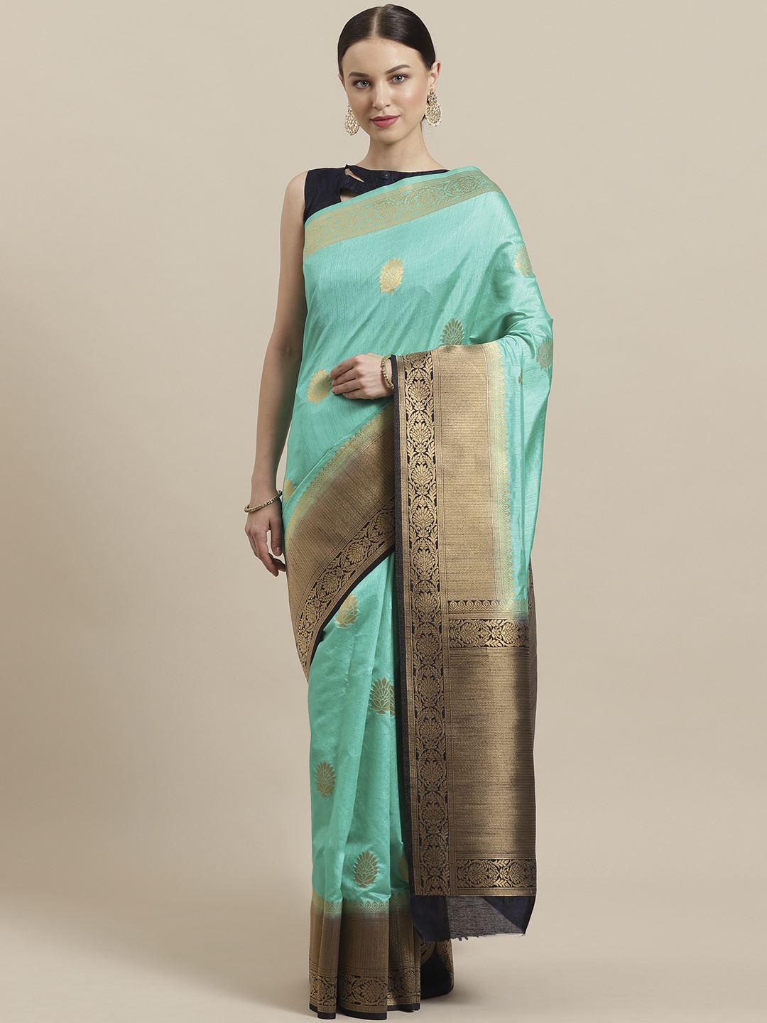 

Saree mall Sea Green & Golden Zari Woven Design Banarasi Saree