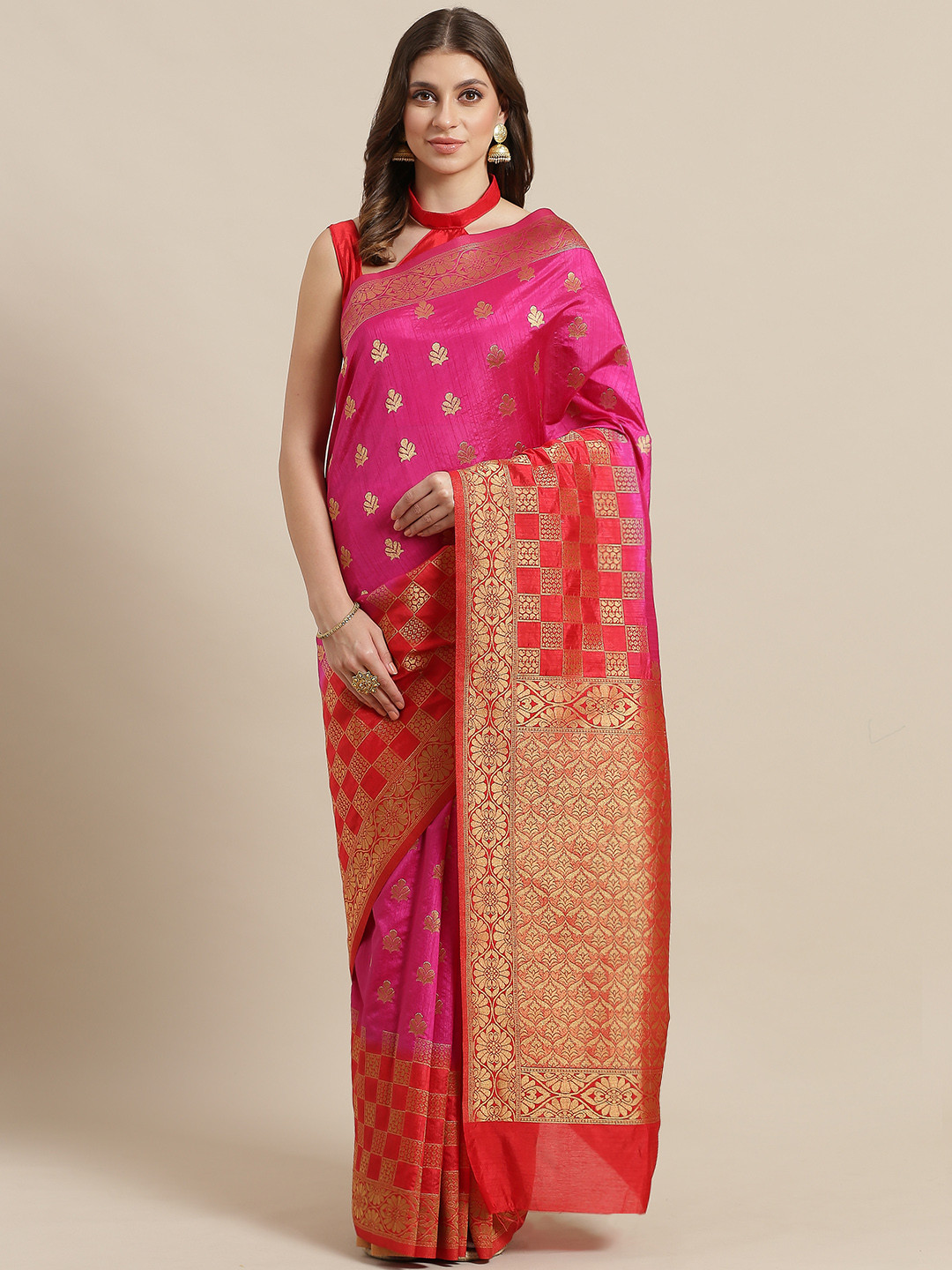 

Saree mall Pink & Golden Woven Design Banarasi Saree