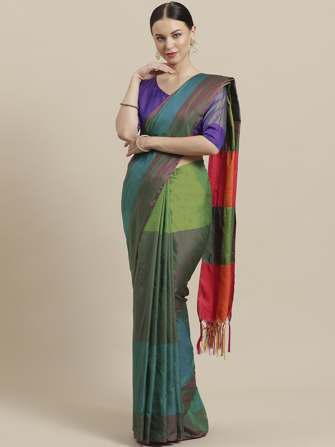 

Saree mall Green & Blue Dual-Toned Colourblocked Mangalagiri Saree