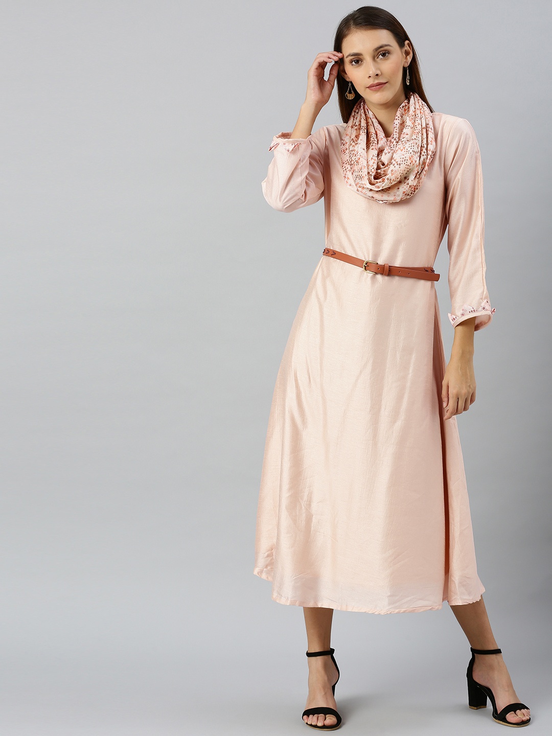 

Indo Era Women Cream-Coloured Solid A-Line Dress