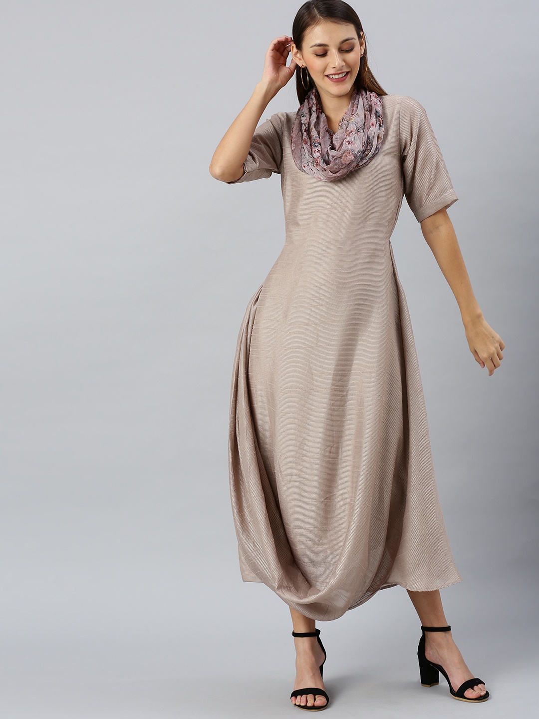 

Indo Era Women Grey Solid Maxi Dress with Gathered Detail