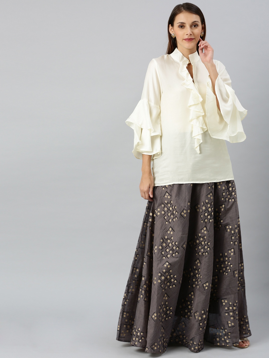 

Indo Era Grey & White Printed Ready to Wear Lehenga with Blouse
