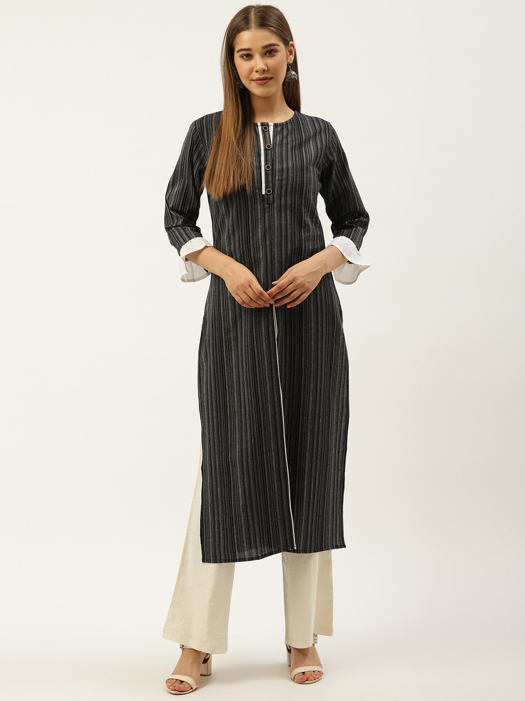 

Cottinfab Women Black & White Striped Straight Kurta