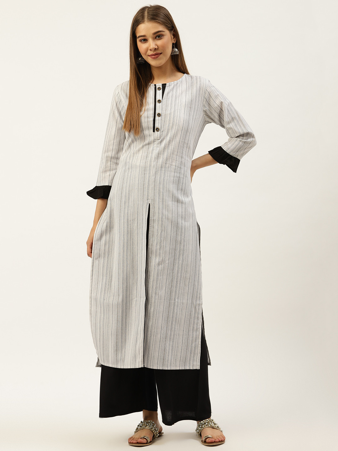 

Cottinfab Women White & Black Striped Straight Kurta