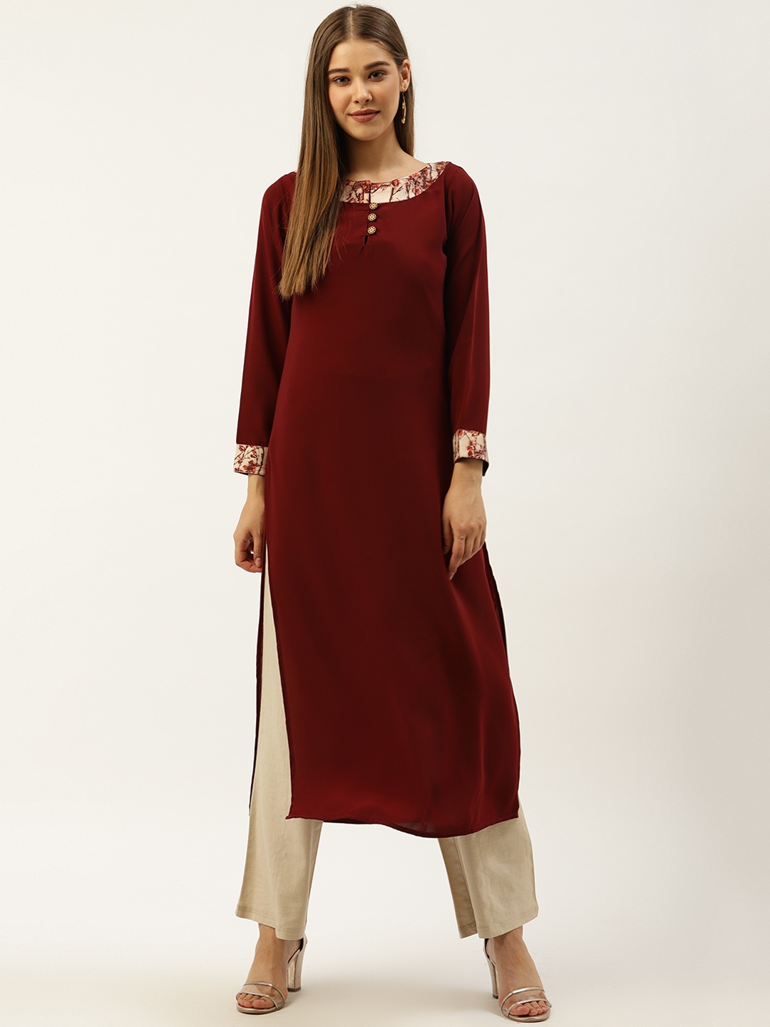 

Cottinfab Women Maroon Solid Straight Kurta