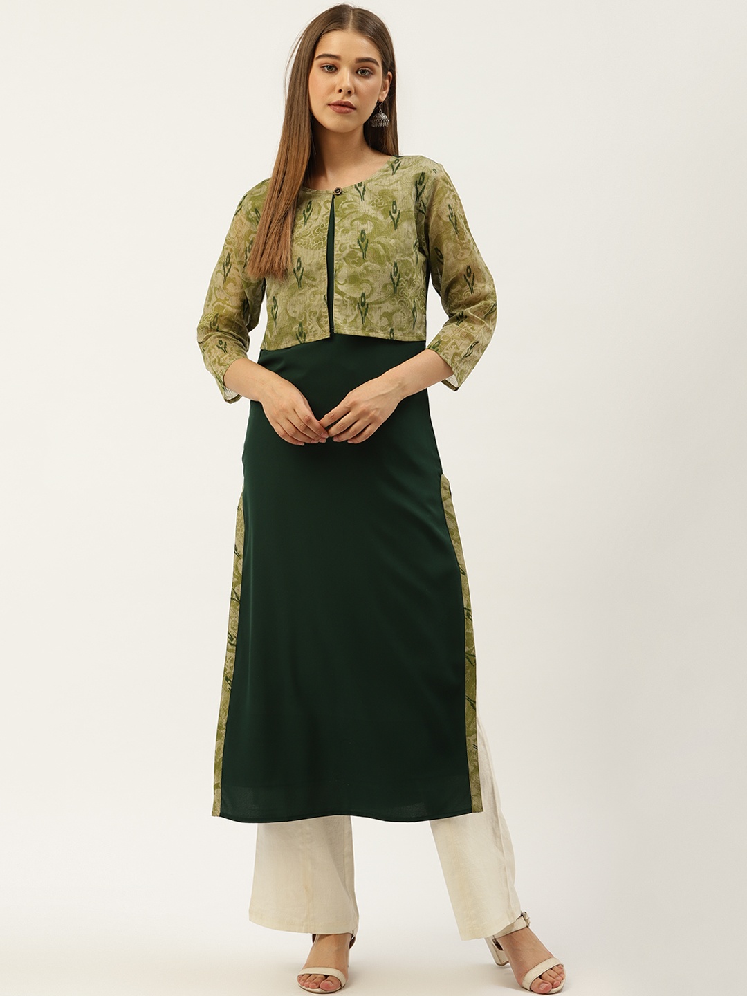 

Cottinfab Women Green Printed Straight Layered Kurta