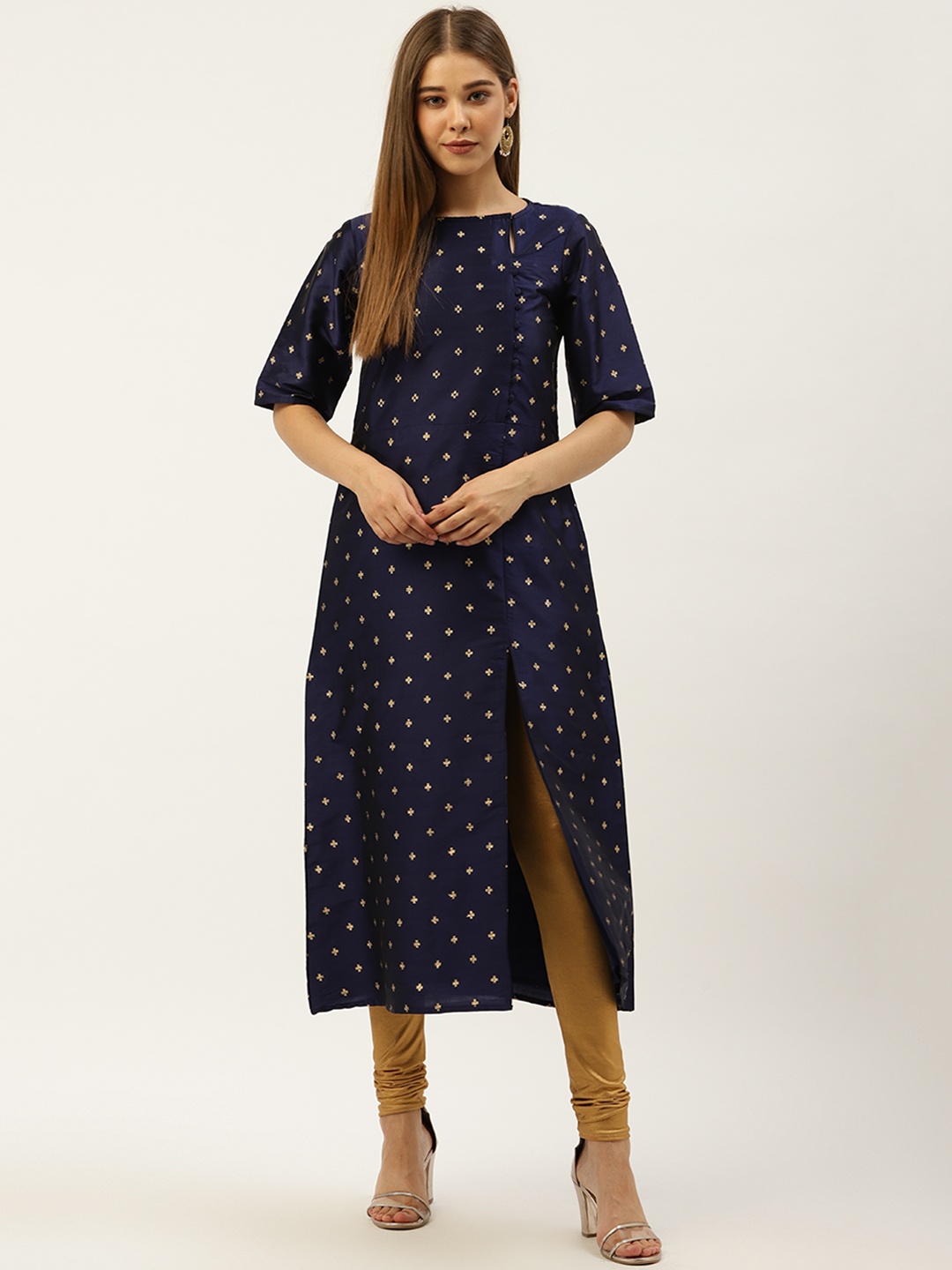 

Cottinfab Women Navy Blue & Golden Woven Design A-Line Kurta