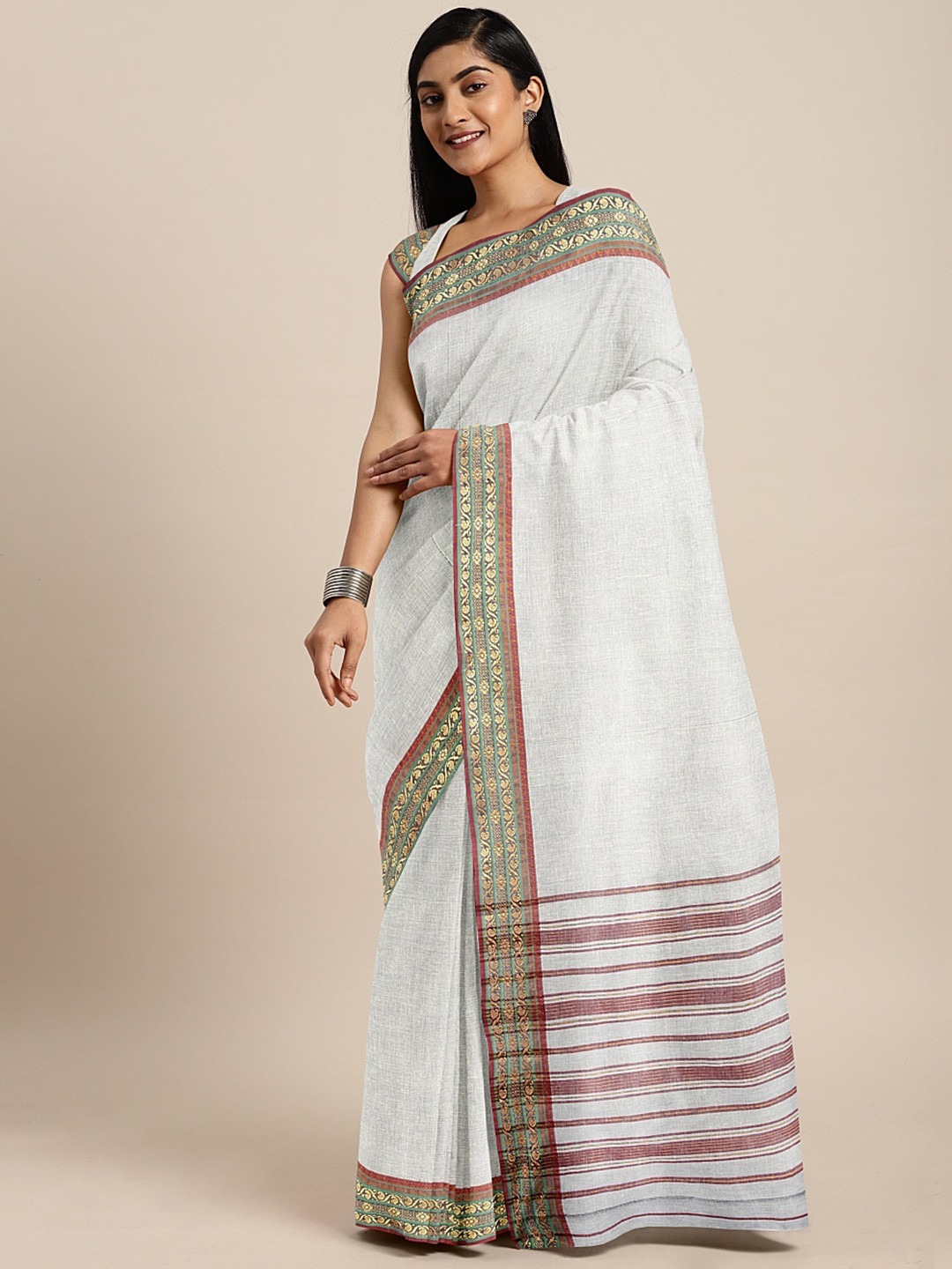 

Pavechas Off-White Pure Cotton Solid Venkatgiri Saree