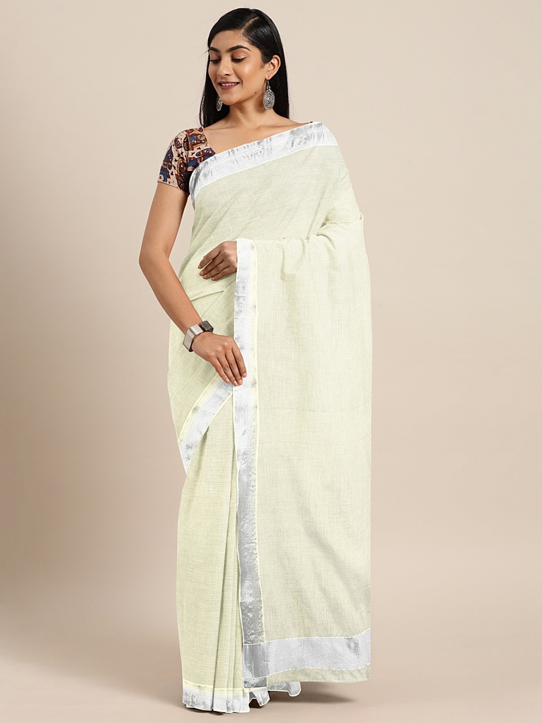 

Pavechas Off-White & Silver-Toned Pure Cotton Solid Kasavu Saree