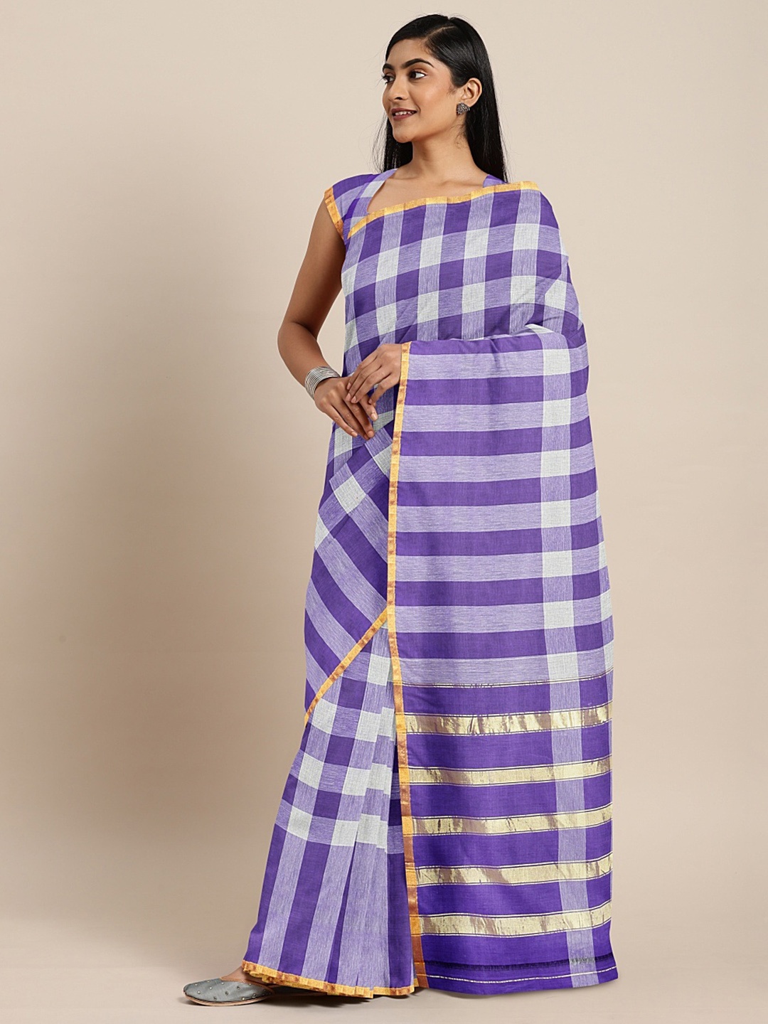 

Pavechas Purple & White Pure Cotton Checked Venkatgiri Saree