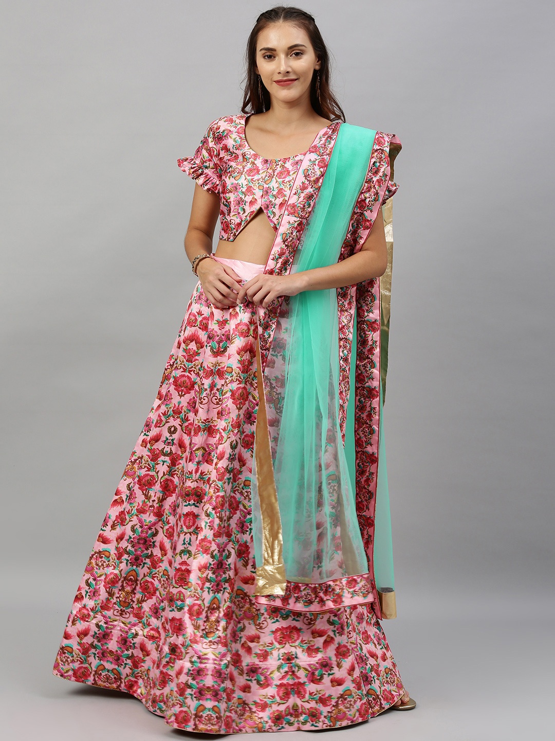 

flaher Pink Semi-Stitched Printed Satin Lehenga & Blouse with Dupatta