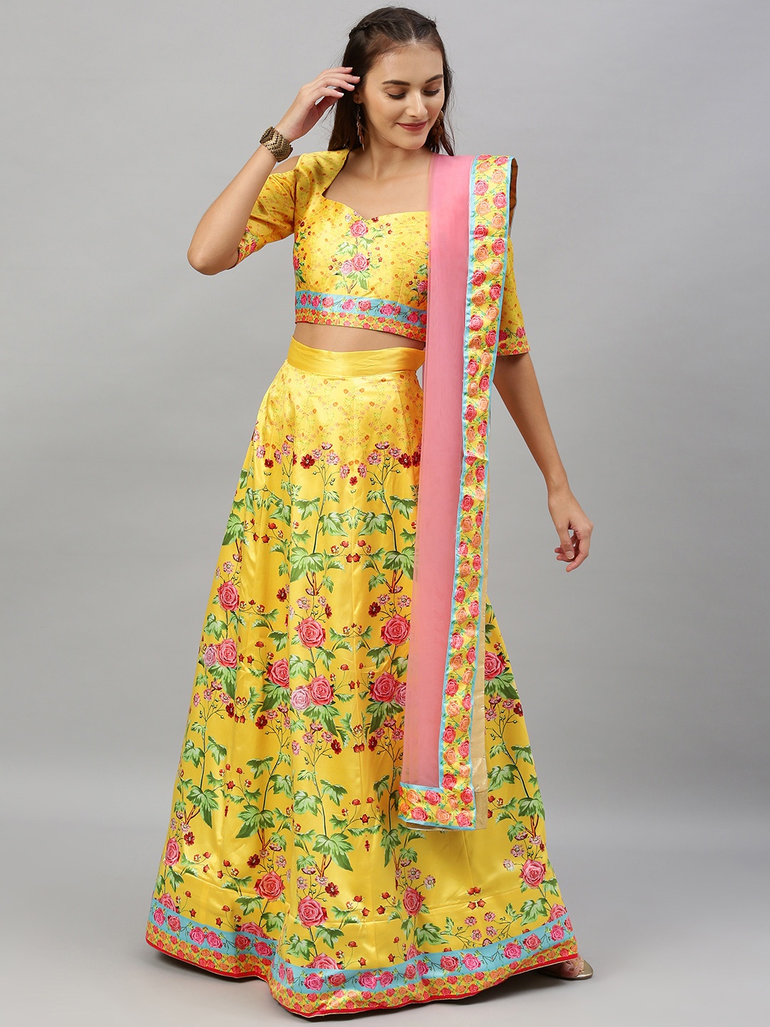 

flaher Mustard Yellow & Pink Printed Semi-Stitched Lehenga & Unstitched Blouse w/ Dupatta