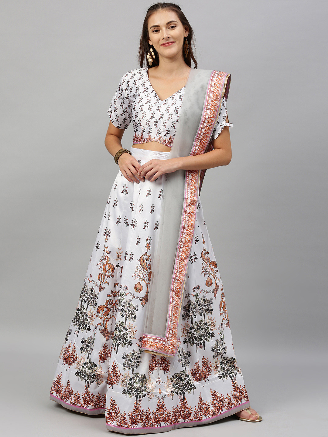 

flaher White & Grey Printed Semi-Stitched Lehenga & Unstitched Blouse with Dupatta