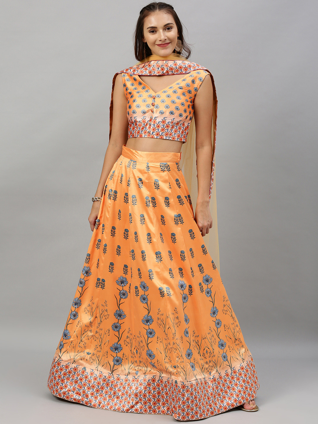 

flaher Mustard Yellow & Blue Printed Semi-Stitched Lehenga & Unstitched Blouse w/ Dupatta