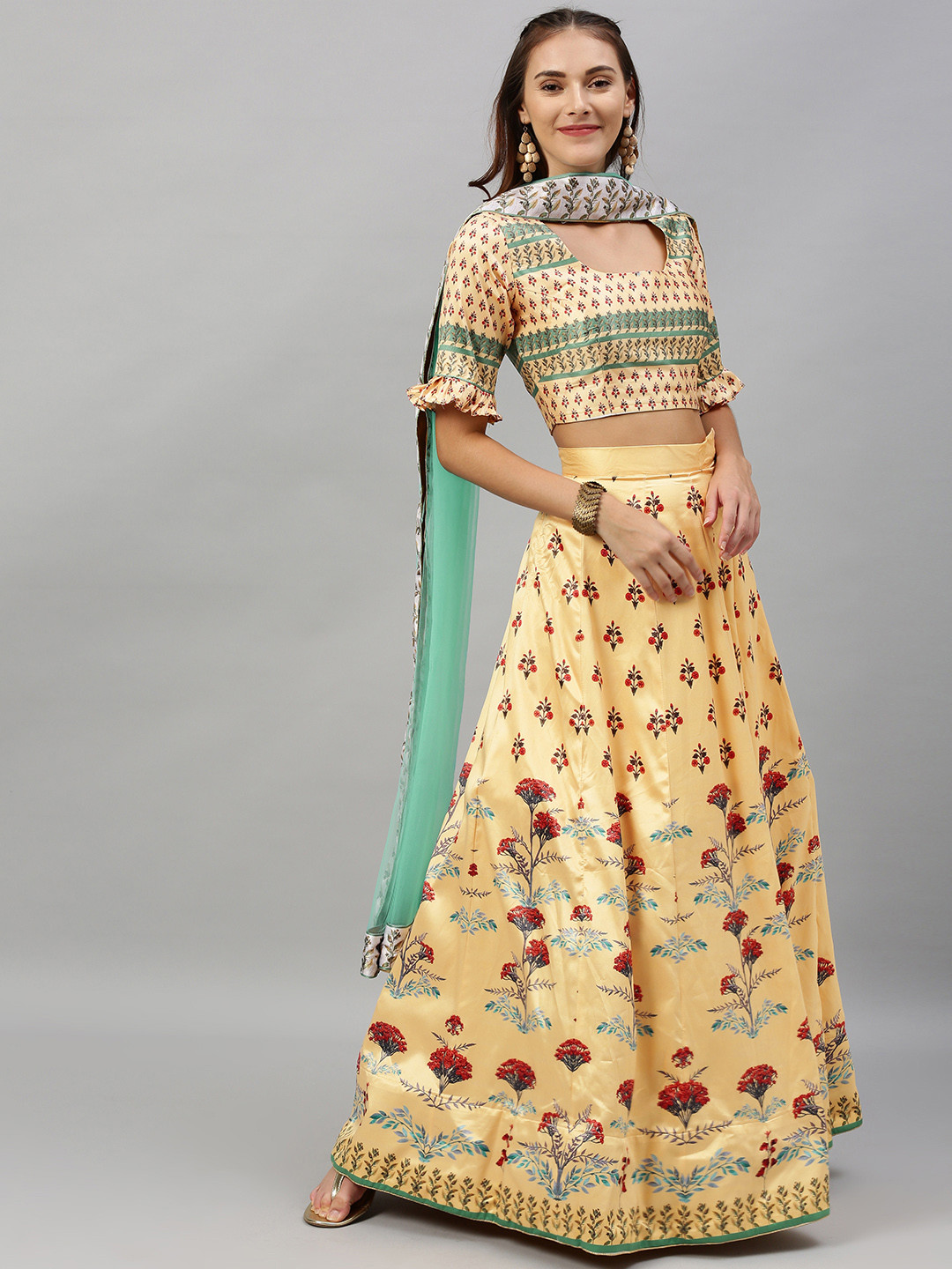 

flaher Beige & Rust Red Printed Semi-Stitched Lehenga & Unstitched Blouse with Dupatta