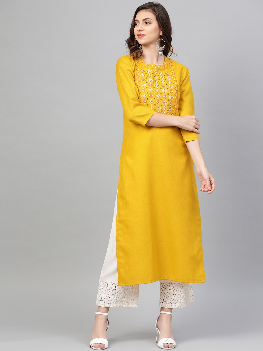 

Varanga Women Mustard Yellow Yoke Design Straight Kurta