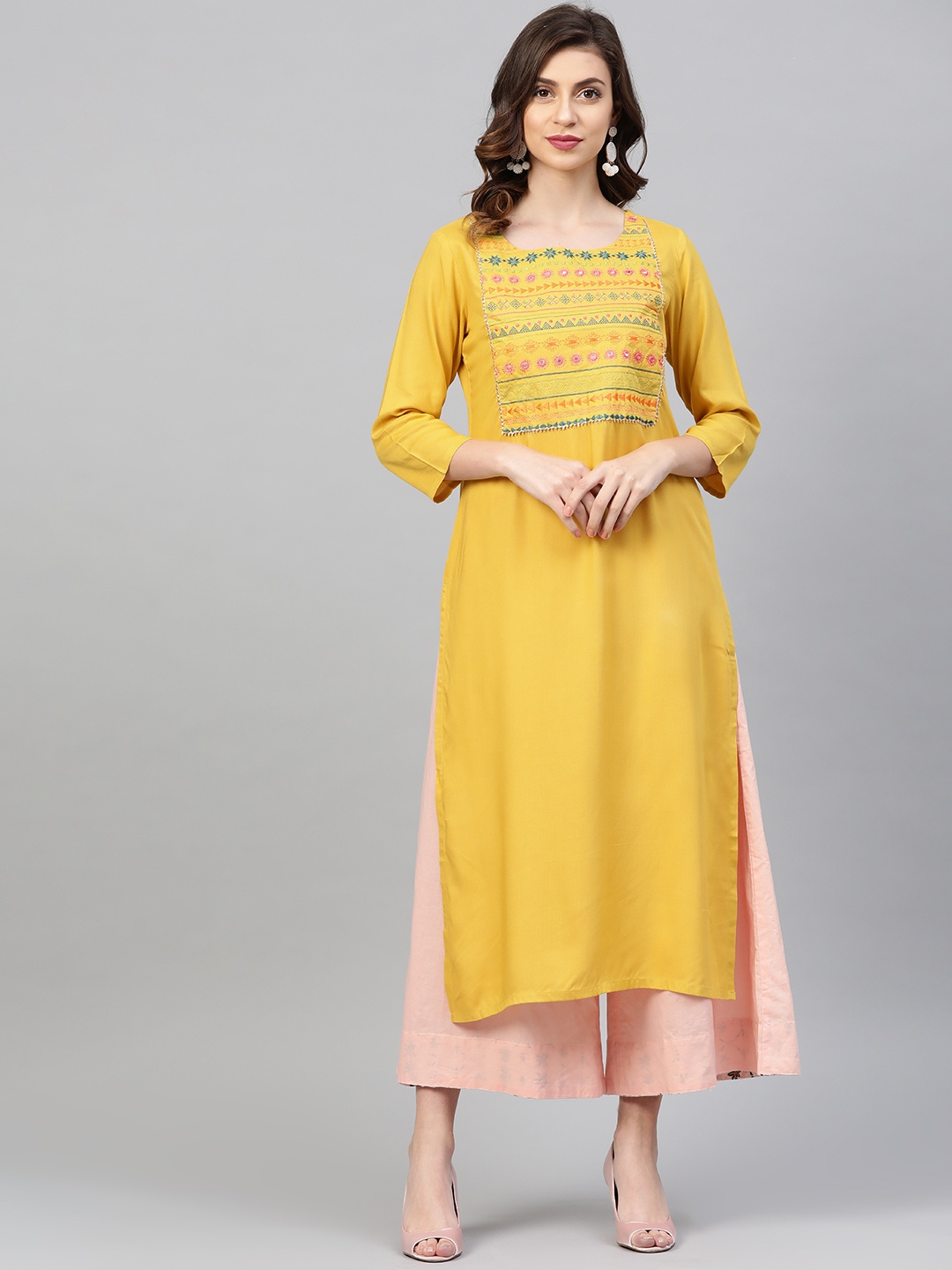 

Varanga Women Mustard Yellow Yoke Design Straight Kurta