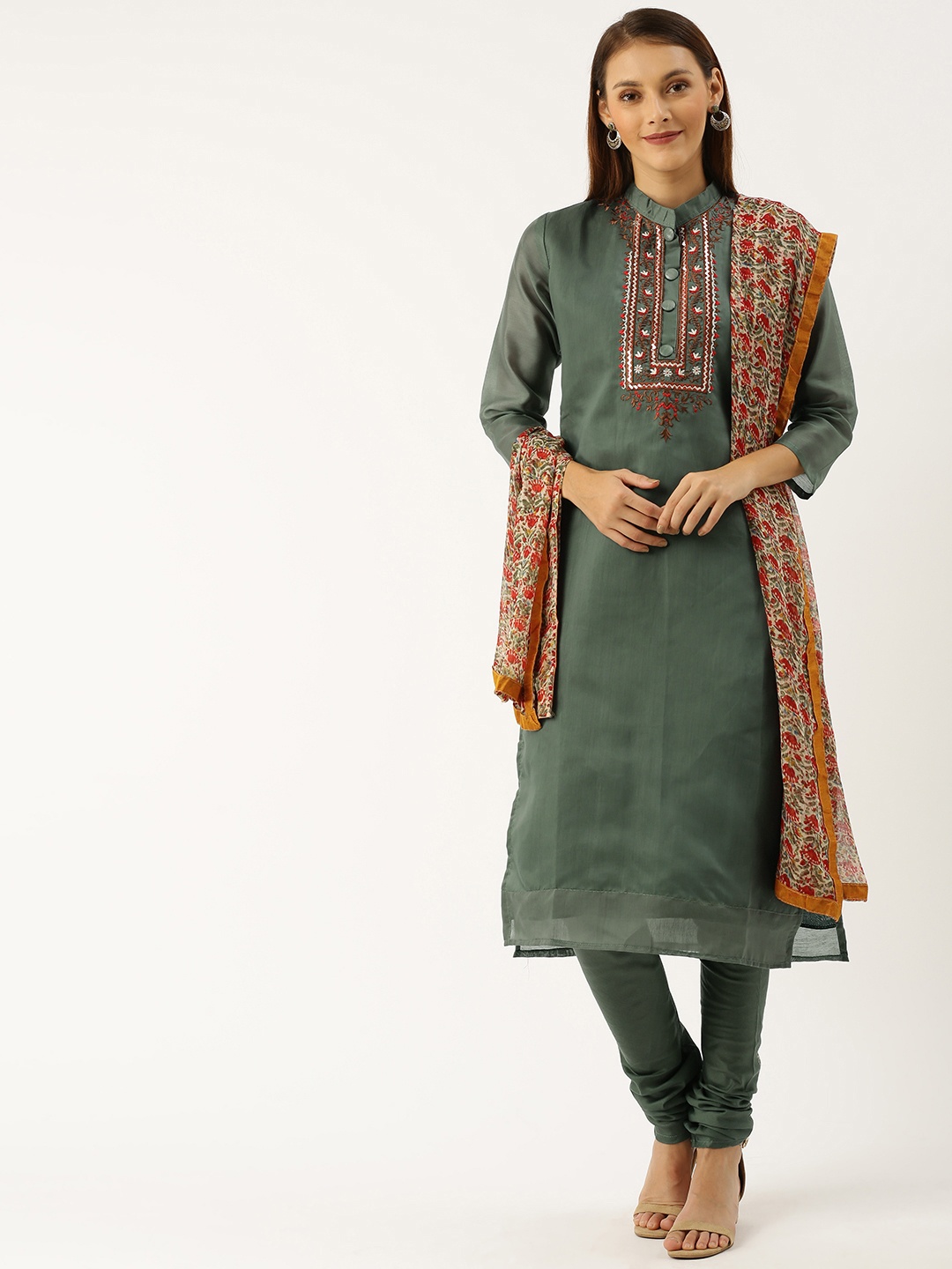 

Rajnandini Olive Green Silk Blend Embroidered Semi-Stitched Dress Material